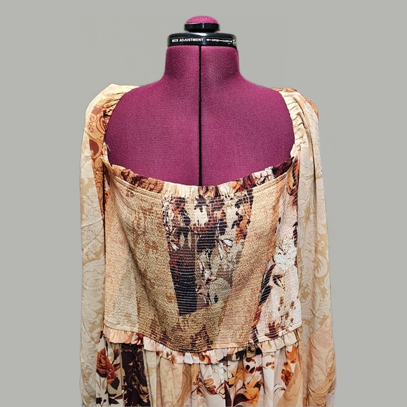 City Chic Floral Patchwork Smocked Floral Midi Dress Printed Long Balloon Sleeve - Picture 4 of 13